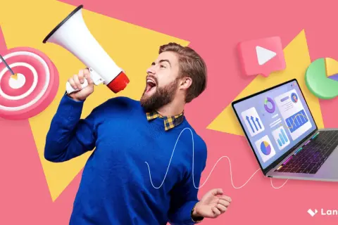 Uomo con megafono annuncia successo nel marketing operations, con bersaglio, grafici e laptop.