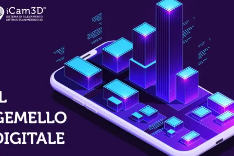 Il gemello digitale di un edificio, rappresentato da blocchi luminosi su uno smartphone, simboleggia la digitalizzazione e la modellazione 3D.