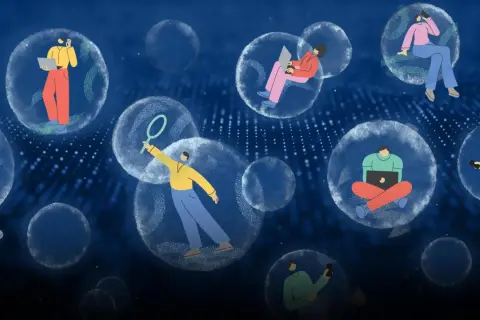 Persone isolate in bolle trasparenti, ognuna immersa nel proprio mondo digitale, simboleggiano le filter bubbles.