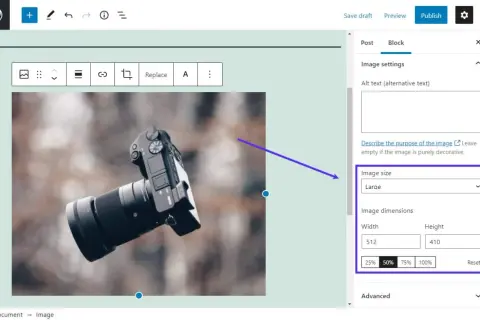 Impostazione delle dimensioni immagini WordPress per una fotocamera.