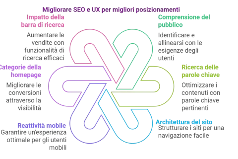 Schema su come migliorare la user experience sito web: SEO, ricerca, pubblico, parole chiave, architettura, mobile.