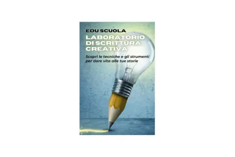 Un laboratorio di scrittura creativa dove una lampadina a forma di matita accende idee per le tue storie.