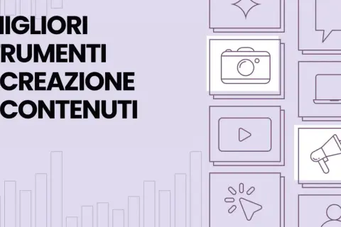 I Migliori Strumenti di Creazione Contenuti: icone di fotocamera, video, megafono e altro per la tua strategia digitale.