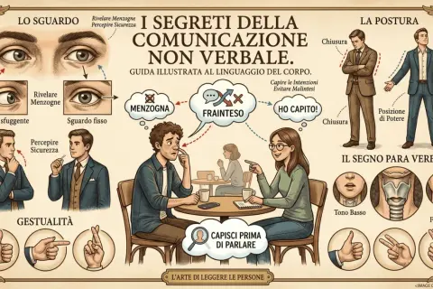 Guida illustrata ai segreti della comunicazione non verbale: sguardo, postura, gestualità e paraverbale per capire le persone prima di parlare.
