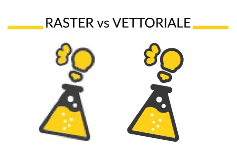 Illustrazione che mostra la differenza tra raster e vettoriale: un'immagine pixelata a sinistra e una nitida a destra, entrambe con una fiaschetta da laboratorio e bollicine.