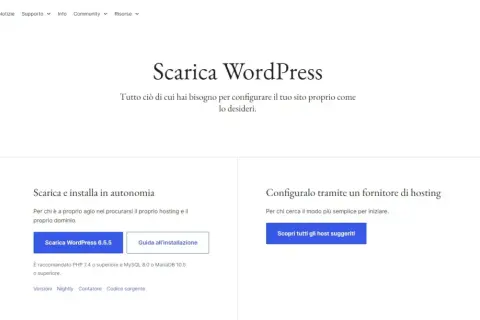 Pagina di download di WordPress. Opzioni per scaricare e installare autonomamente o configurare tramite hosting. Utile per capire cos'è un servizio FTP per il caricamento dei file.