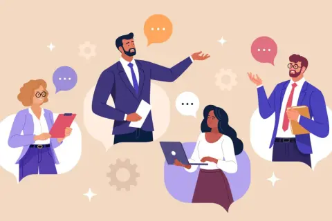 Persone in abiti eleganti che comunicano in modo efficace, con fumetti che simboleggiano la comunicazione corporate.