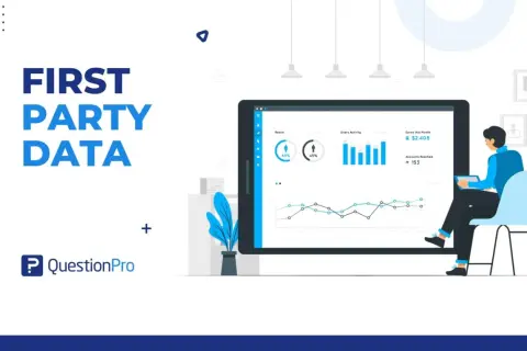 Analisi di first party data su tablet, con grafici di reach, attività utenti e guadagni. Un uomo osserva i dati.