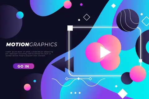 Grafica astratta con forme geometriche e sfumature vivaci, che evoca il dinamismo del motion design. Pulsante "GO IN" in evidenza.