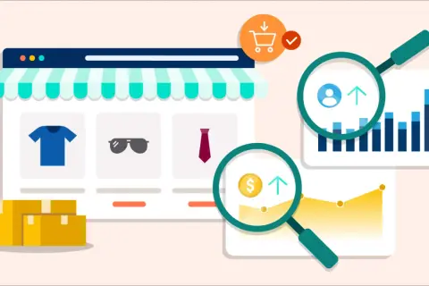 Un negozio online con prodotti, scatole, grafici e lenti d'ingrandimento che analizzano dati. Strumenti per il web per monitorare vendite e utenti.