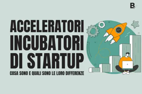Un uomo con laptop, razzo arancione e grafici: un'illustrazione che simboleggia gli acceleratori di startup e il loro ruolo nel far decollare le aziende.