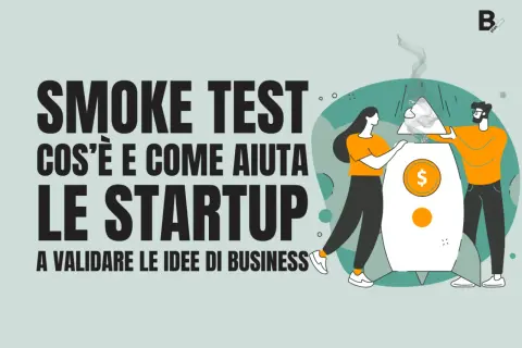 Startup validano idee con concept testing. Due persone inseriscono un puzzle fumante in un razzo con simbolo del dollaro.