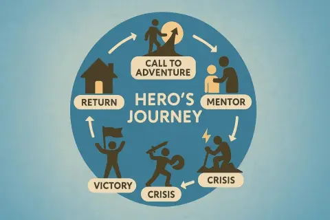Schema del viaggio dell'eroe: chiamata all'avventura, mentore, crisi, vittoria, ritorno.