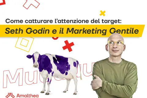 Seth Godin e il Marketing Gentile: una mucca viola e un uomo con occhiali gialli pensano a come catturare l'attenzione del target con il permission marketing.