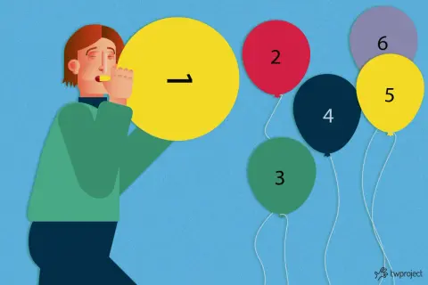 Persona che soffia in un megafono giallo con il numero 1, mentre palloncini numerati da 2 a 6 fluttuano. Un modo visivo per capire come presentare un progetto.