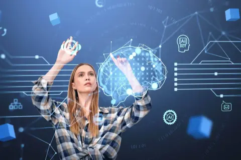 Donna interagisce con un cervello digitale, un esempio di metaverso con icone AI e dati binari.