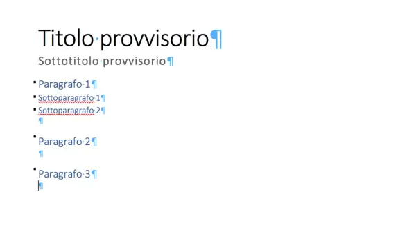 Titolo provvisorio e sottotitolo. Struttura di un documento con paragrafi e sottoparagrafi, pronto per essere salvato come scriba epub.