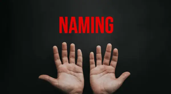 Le mani aperte sotto la parola "NAMING" in rosso. Un'immagine che evoca la ricerca del naming aziendale perfetto.