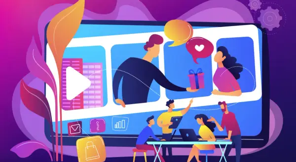 Un team collabora per creare un video di visual storytelling, con icone di shopping e feedback che indicano successo.