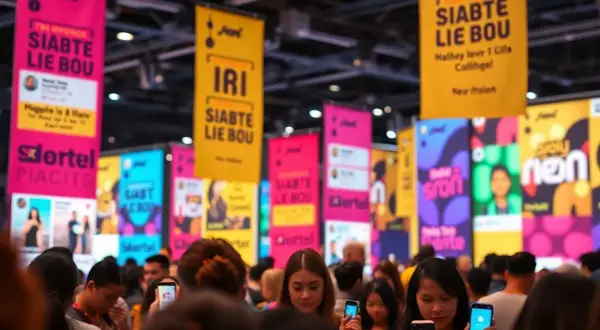 Un evento culturale esempio con persone che guardano i loro telefoni, circondati da striscioni colorati con testi in lingue diverse.