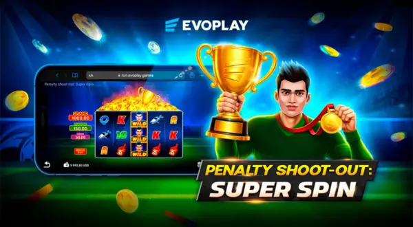 Estrategia y azar en Penalty Shoot Out di Evoplay: un portiere festeggia con trofeo e medaglia, mentre sullo smartphone si vede la slot machine.