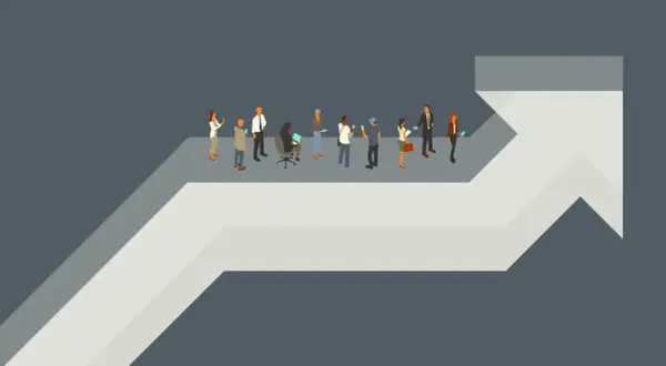 Persone su una freccia che sale, simbolo di nuovi business emergenti e crescita.