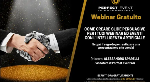 Un uomo stringe la mano a un robot. Un webinar gratuito su come creare slide persuasive con l'IA.