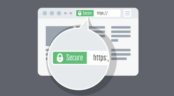 Barra degli indirizzi di un browser con lucchetto verde e testo "Secure https://", indicando la sicurezza garantita dall'acronimo SSL.