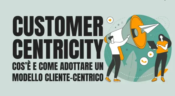 Illustrazione che spiega la customer centricity: un megafono e persone che interagiscono con icone di comunicazione.