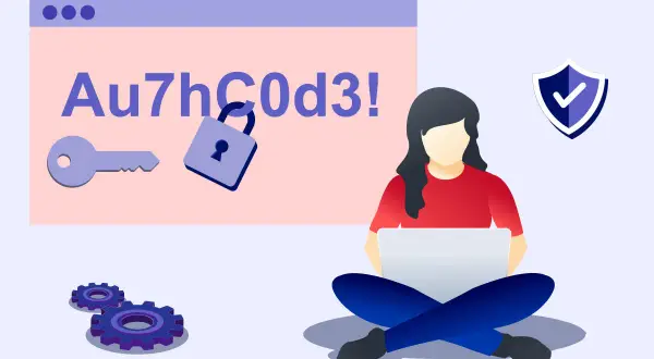 Una donna lavora al computer, mentre sullo schermo appare un codice di autenticazione "Au7hC0d3!". Simboli di sicurezza come chiave, lucchetto e scudo indicano la protezione del dominio.
