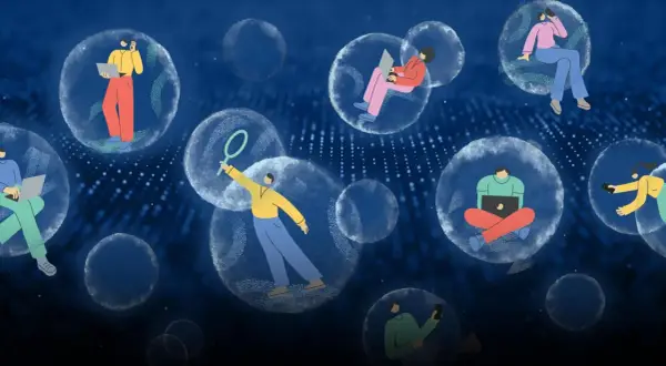 Persone isolate in bolle trasparenti, ognuna immersa nel proprio mondo digitale, simboleggiano le filter bubbles.