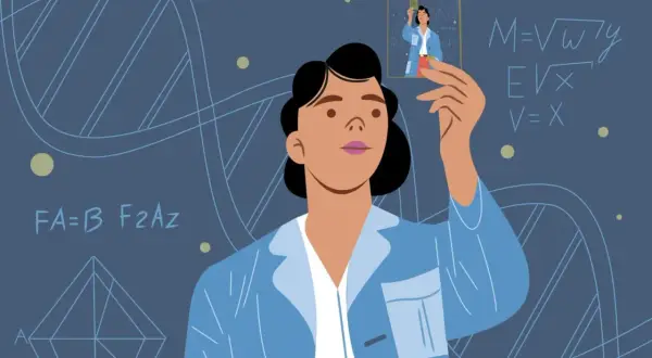 Una divulgatrice scientifica osserva un'immagine di sé stessa, circondata da formule e DNA.