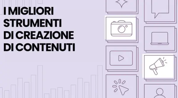 I Migliori Strumenti di Creazione Contenuti: icone di fotocamera, video, megafono e altro per la tua strategia digitale.