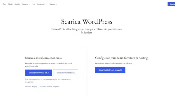Pagina di download di WordPress. Opzioni per scaricare e installare autonomamente o configurare tramite hosting. Utile per capire cos'è un servizio FTP per il caricamento dei file.