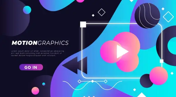 Grafica astratta con forme geometriche e sfumature vivaci, che evoca il dinamismo del motion design. Pulsante "GO IN" in evidenza.