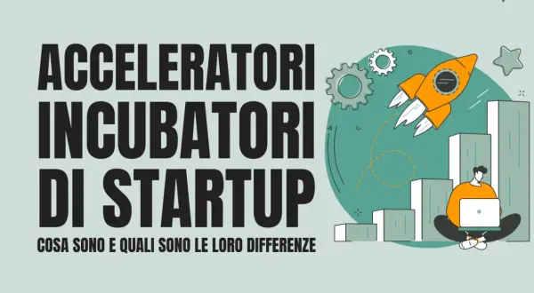 Un uomo con laptop, razzo arancione e grafici: un'illustrazione che simboleggia gli acceleratori di startup e il loro ruolo nel far decollare le aziende.