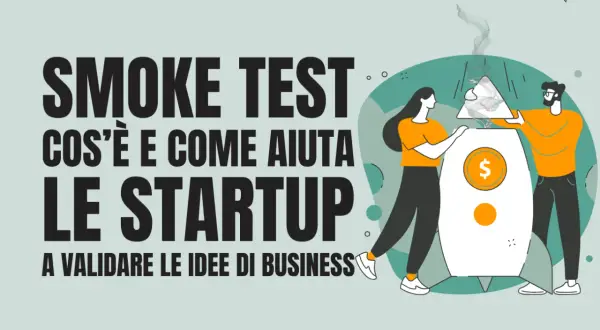 Startup validano idee con concept testing. Due persone inseriscono un puzzle fumante in un razzo con simbolo del dollaro.