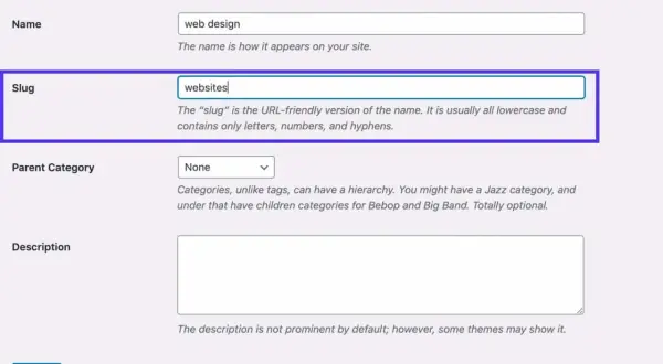 Modifica categoria: "web design" con slug "websites". L'acronimo URL è "websites".