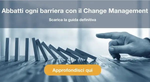 Dita che spinge domino per come incrementare le vendite. Scarica la guida definitiva sul Change Management.
