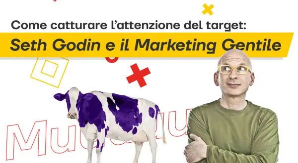 Seth Godin e il Marketing Gentile: una mucca viola e un uomo con occhiali gialli pensano a come catturare l'attenzione del target con il permission marketing.
