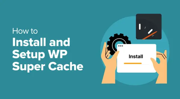 Guida all'installazione e configurazione di WP Super Cache. Mani che tengono un pannello di installazione con una barra di avanzamento.