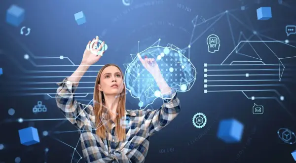 Donna interagisce con un cervello digitale, un esempio di metaverso con icone AI e dati binari.