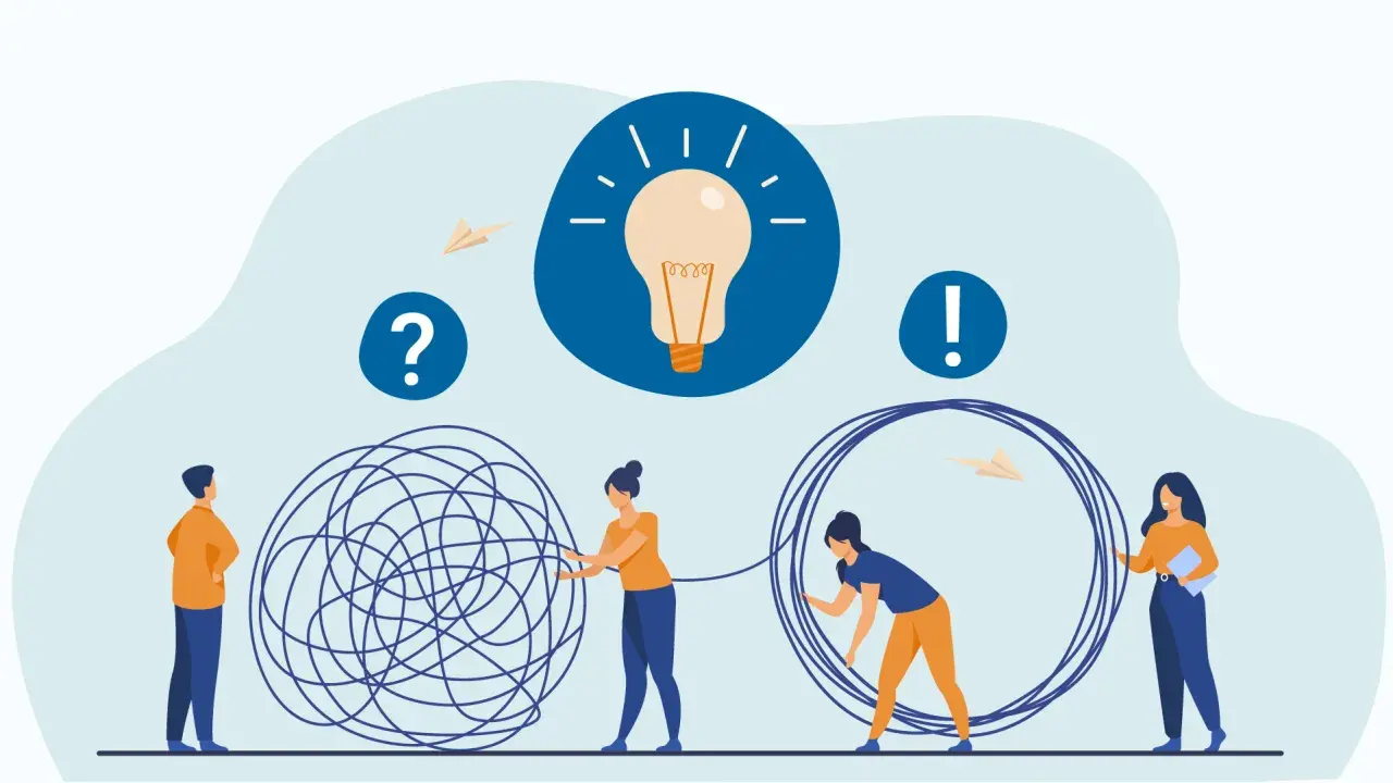 Persone lavorano insieme per districare un groviglio, simboleggiando il tim building e la risoluzione di problemi per raggiungere un'idea brillante.