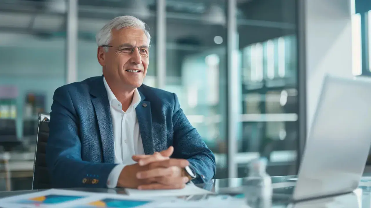 Un uomo anziano con capelli grigi e occhiali, vestito con giacca blu, sorride mentre discute di affari. Potrebbe essere il CFO che spiega i risultati finanziari.
