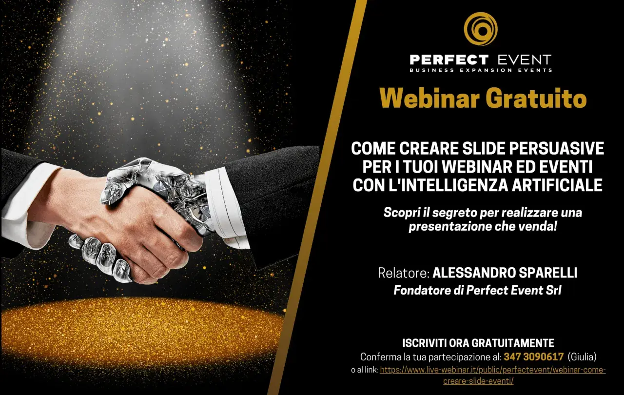 Un uomo stringe la mano a un robot. Un webinar gratuito su come creare slide persuasive con l'IA.