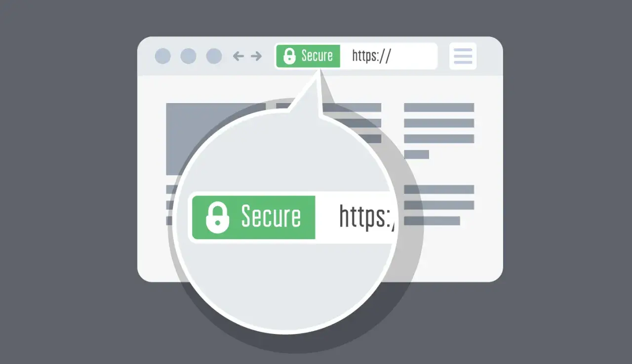Barra degli indirizzi di un browser con lucchetto verde e testo "Secure https://", indicando la sicurezza garantita dall'acronimo SSL.