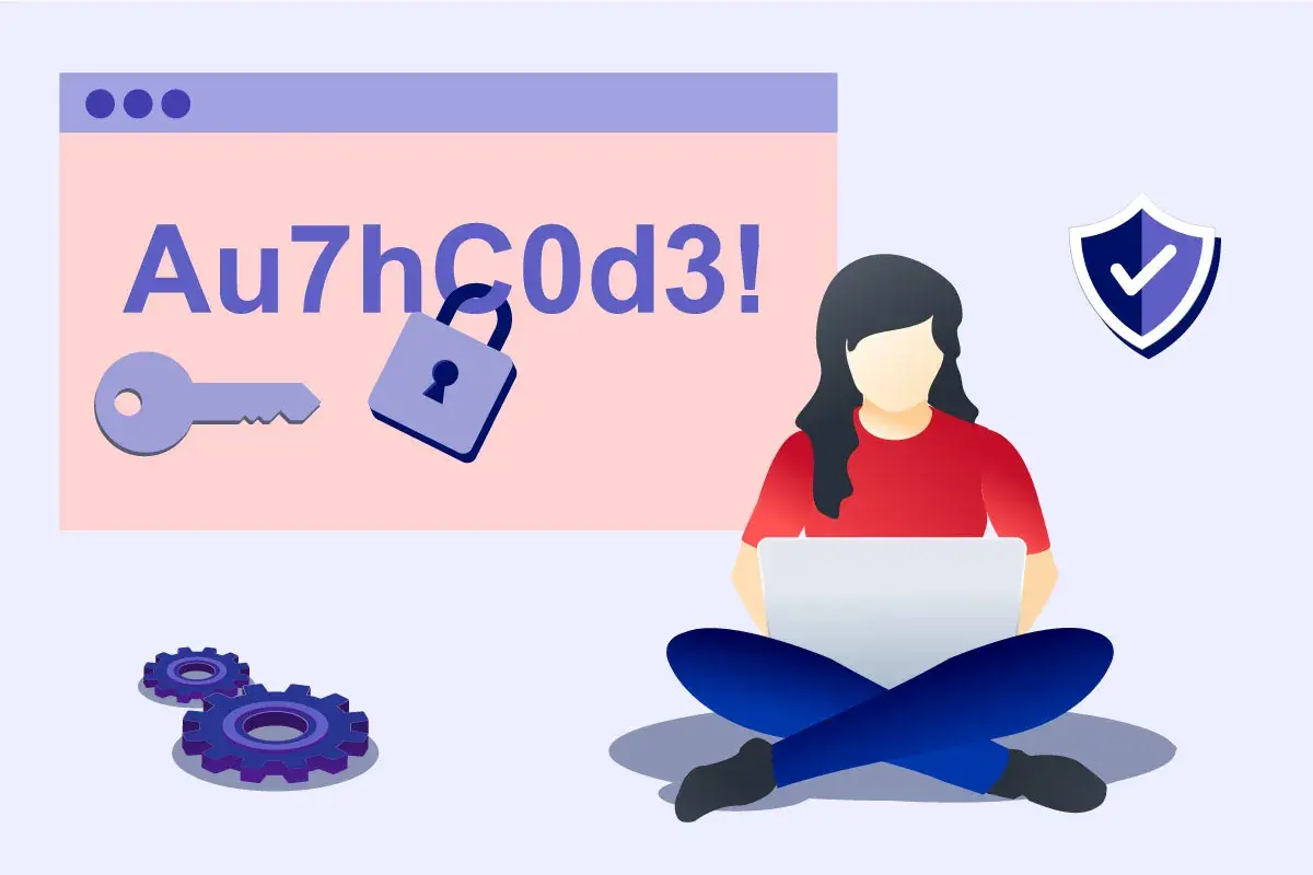 Una donna lavora al computer, mentre sullo schermo appare un codice di autenticazione "Au7hC0d3!". Simboli di sicurezza come chiave, lucchetto e scudo indicano la protezione del dominio.