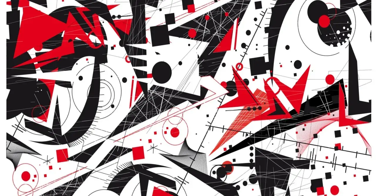 Un vortice di forme geometriche rosse e nere, un'esplosione visiva che evoca la sinestesia, significato di unione tra sensi.