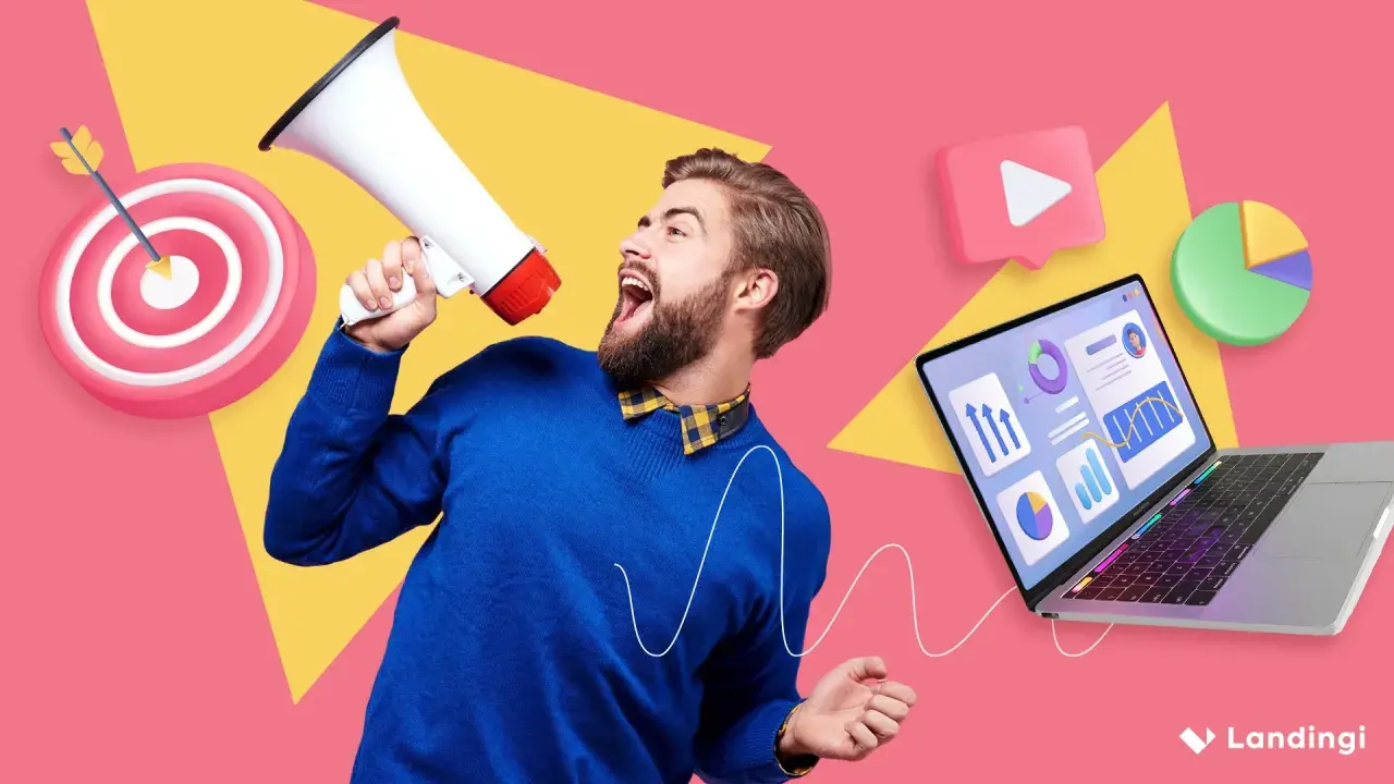 Uomo con megafono annuncia successo nel marketing operations, con bersaglio, grafici e laptop.