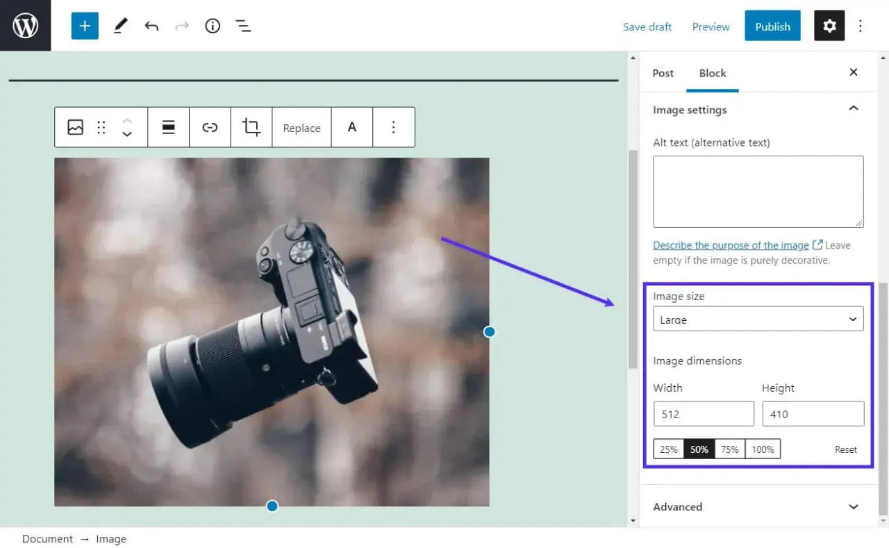 Impostazione delle dimensioni immagini WordPress per una fotocamera.